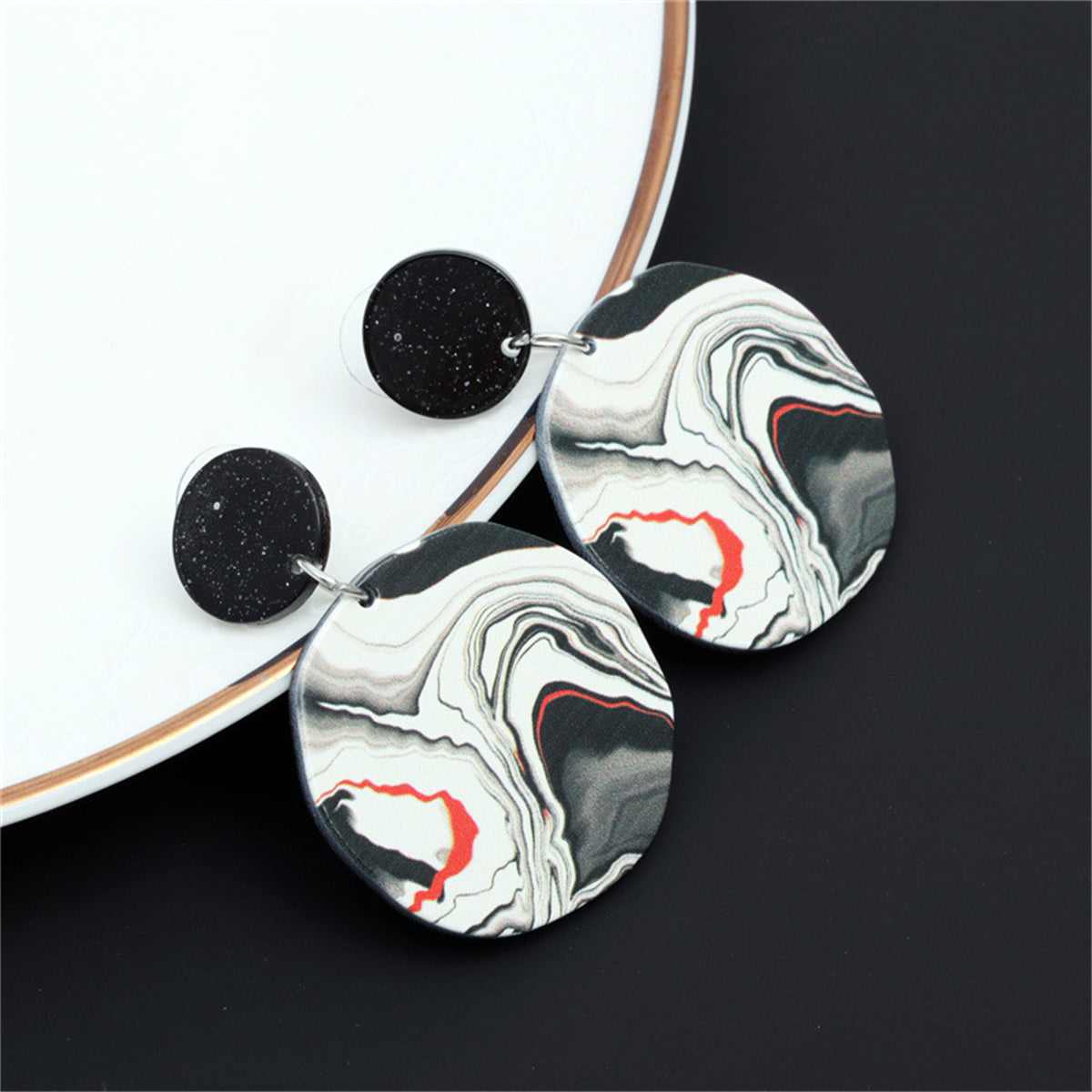 Black & White Acrylic Silvertone Marble-Texture Drop Earrings