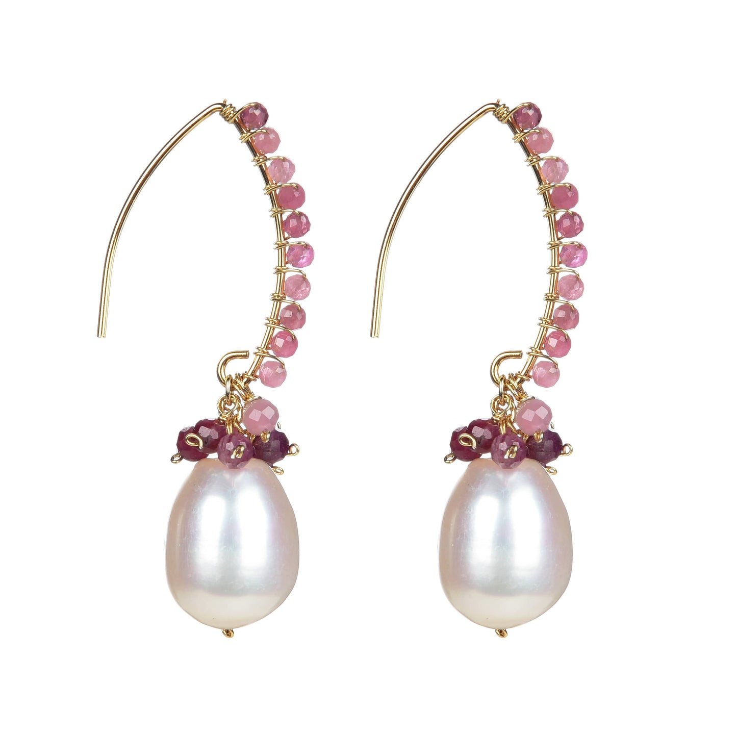 18K Plated Sterling Silver Freshwater Pearl and Natural Pink Tourmoline Dangle Earring