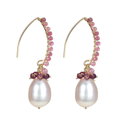 18K Plated Sterling Silver Freshwater Pearl and Natural Pink Tourmoline Dangle Earring