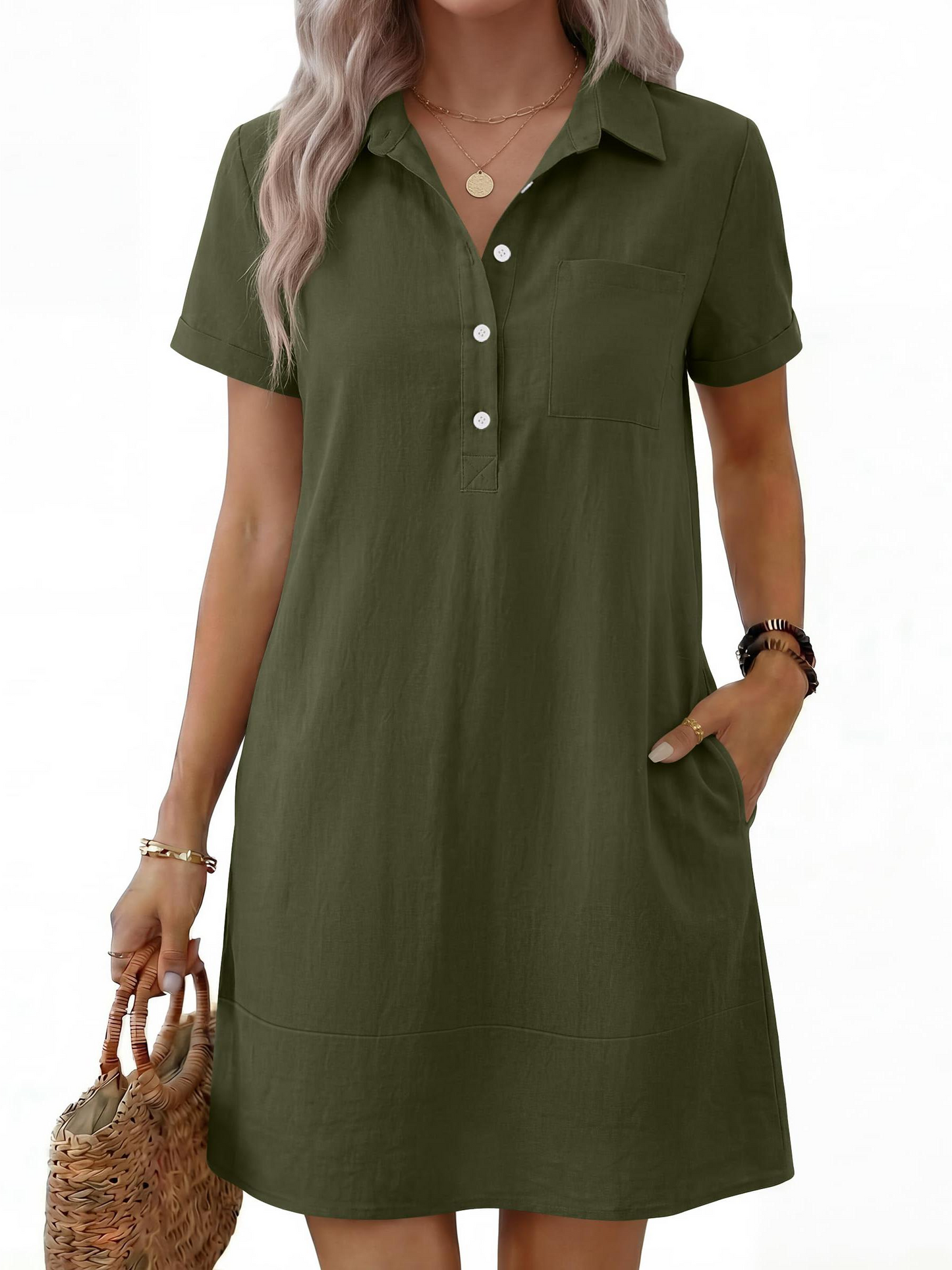 Women's Short Sleeve Button-Down Shirt Dress