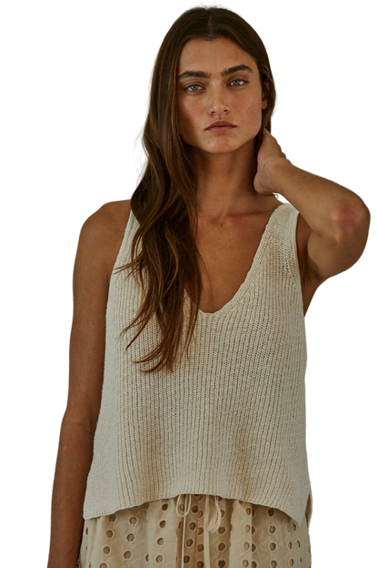 By Together Cotton V-Neck Sleeveless Knit Tank Top - Cream