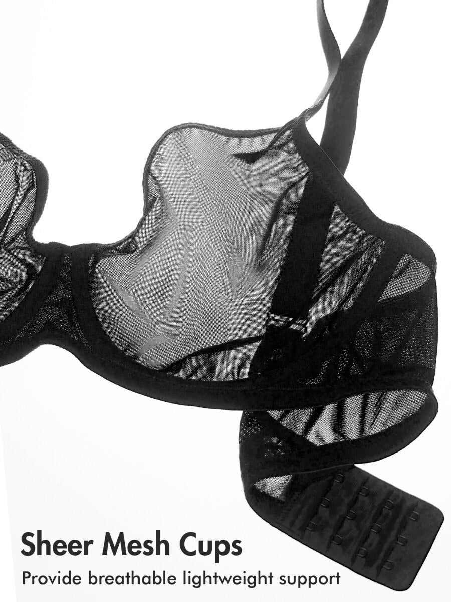 Cosnufy Sheer Mesh Plunge Underwire Full Coverage Bra