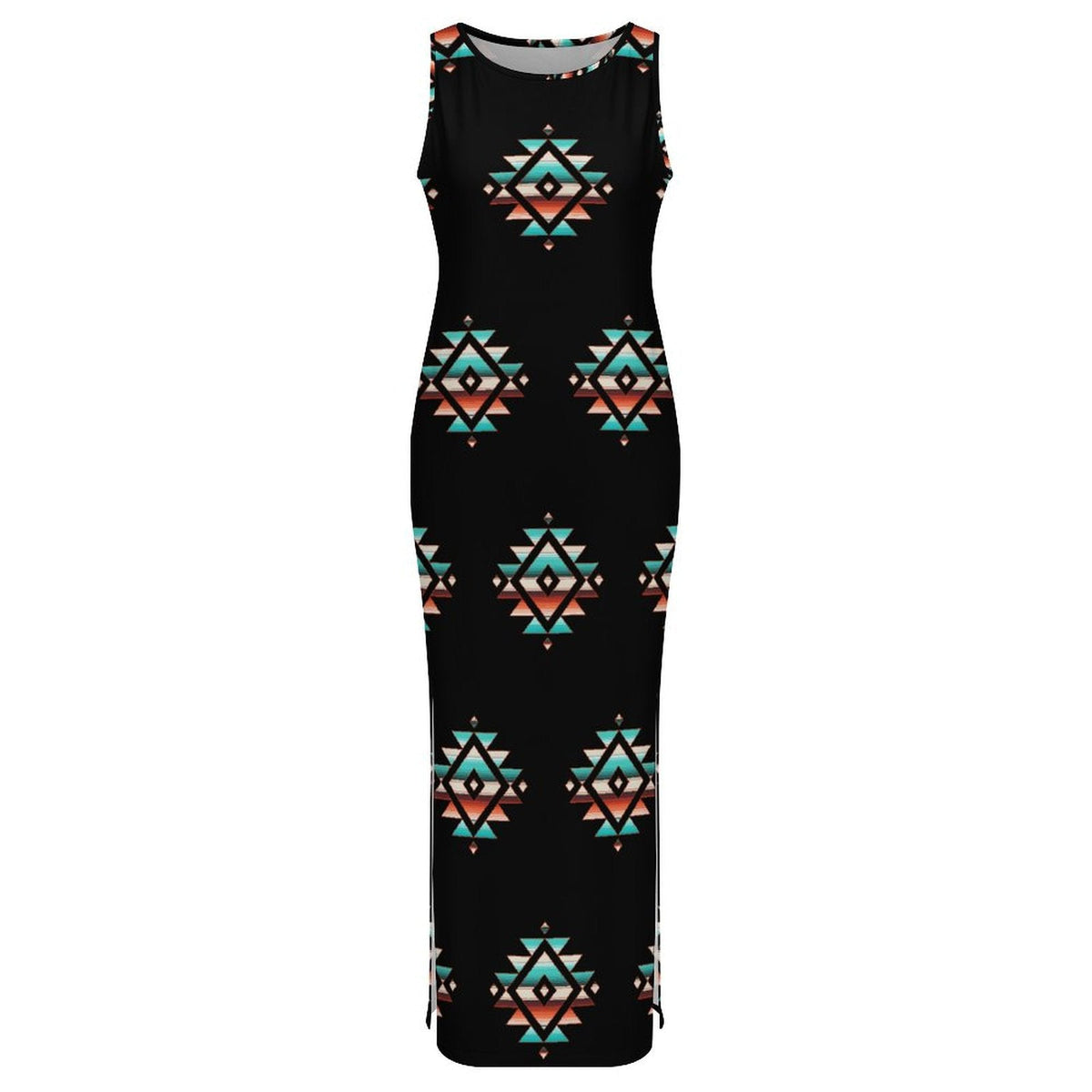 Baha Ranch Southwestern Aztec Sleeveless Bodycon Side Slit Western Maxi Dress