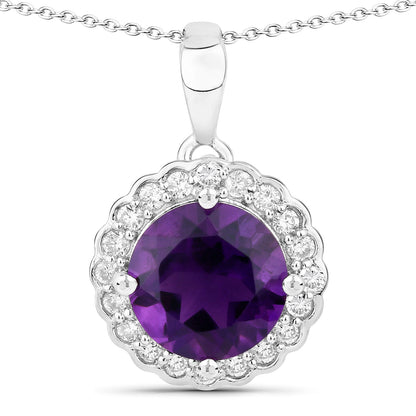 Genuine Purple Amethyst and Lab Diamond Silver Halo Necklace