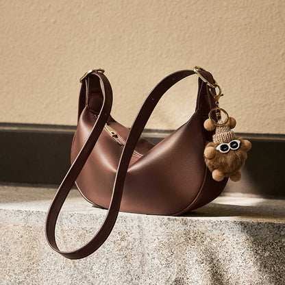 Crescent Leather Crossbody Shoulder Bag with Bear Charm