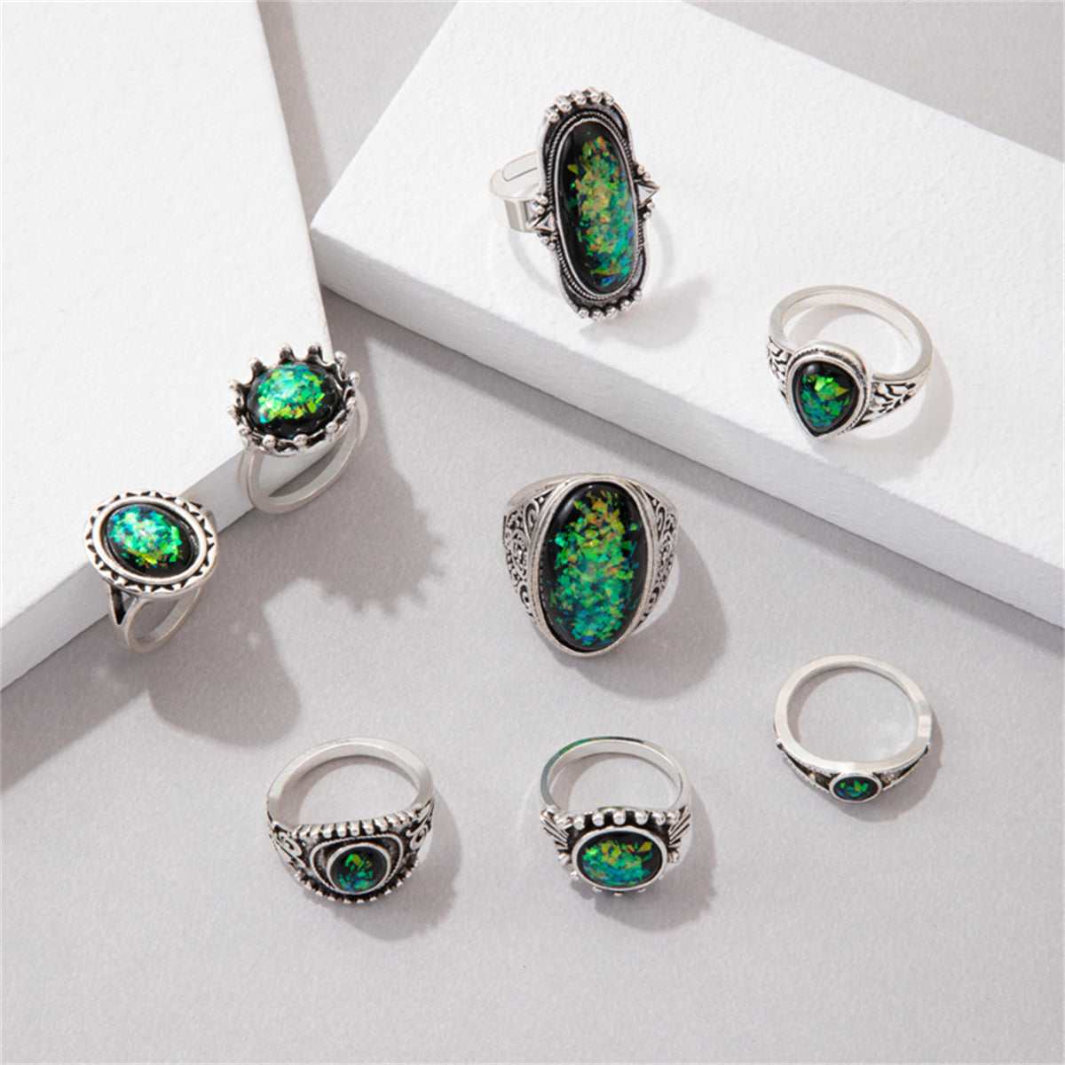 Black & Silvertone Long Oval Ring Set
