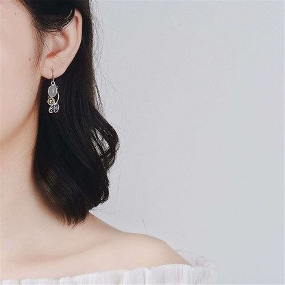 Cat's Eye & Crystal Silvertone Vine Drop Earrings
