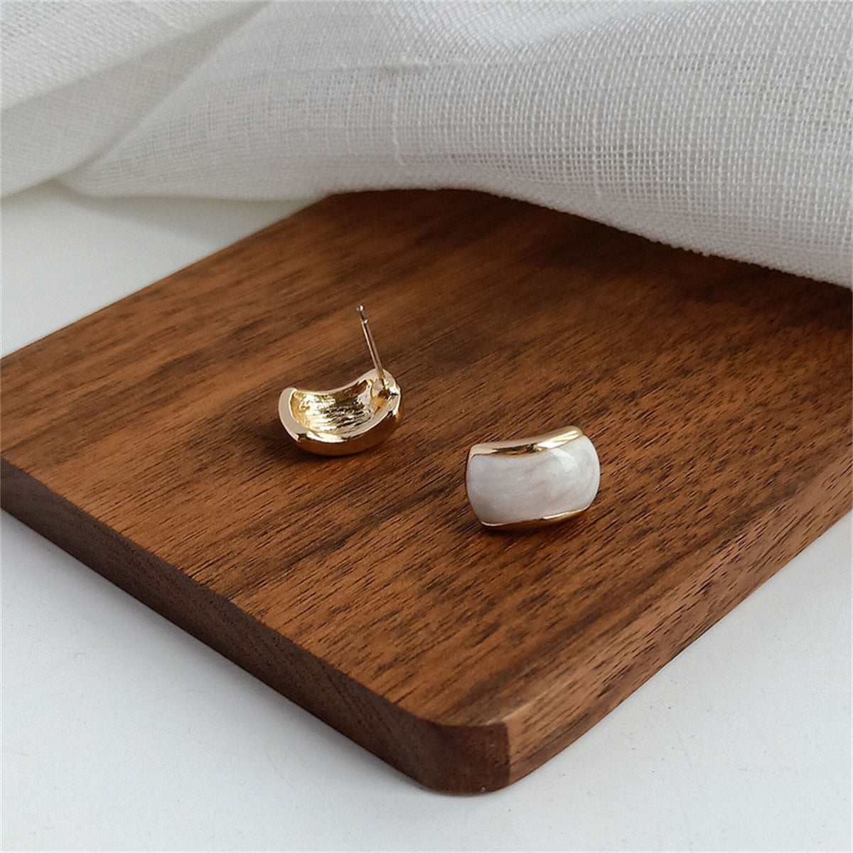 Beige Enamel & Goldtone Curved Stud Earrings