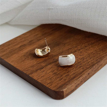Beige Enamel & Goldtone Curved Stud Earrings