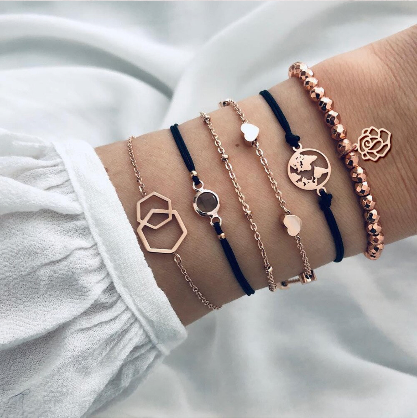 Black Rose Goldtone Globe Flower Bracelet Set