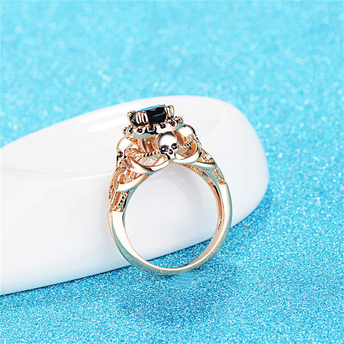 Black Crystal & Cubic Zirconia Goldtone Skull Ring
