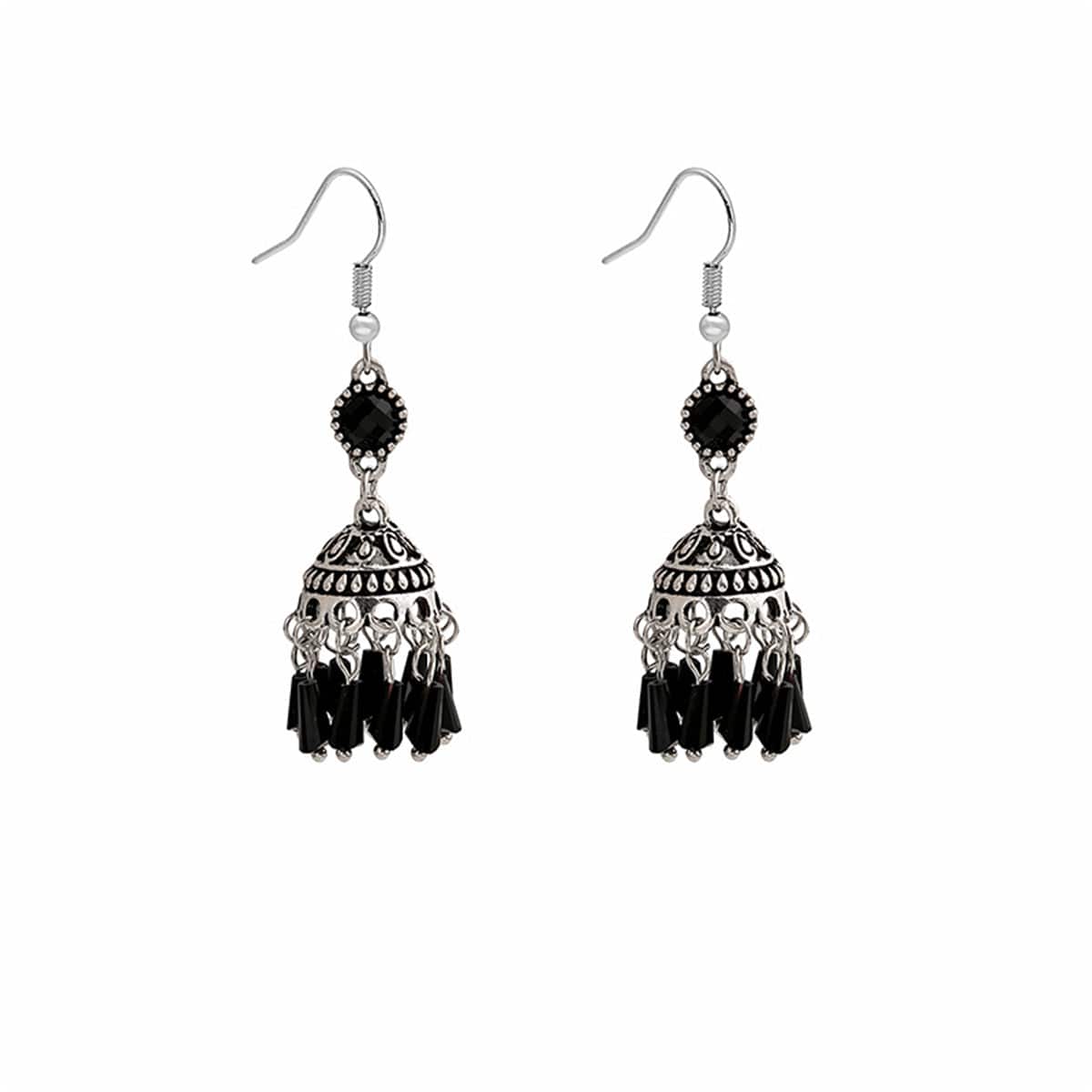 Black Acrylic & Silvertone Boho Tassel Drop Earrings
