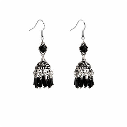 Black Acrylic & Silvertone Boho Tassel Drop Earrings