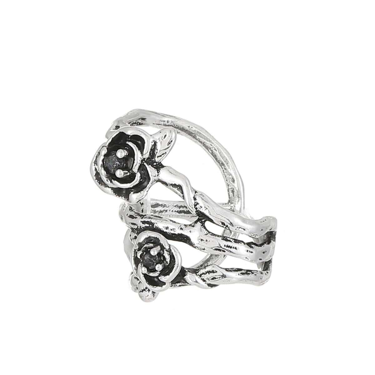 Black & Silvertone Rose Layered Ear Cuff