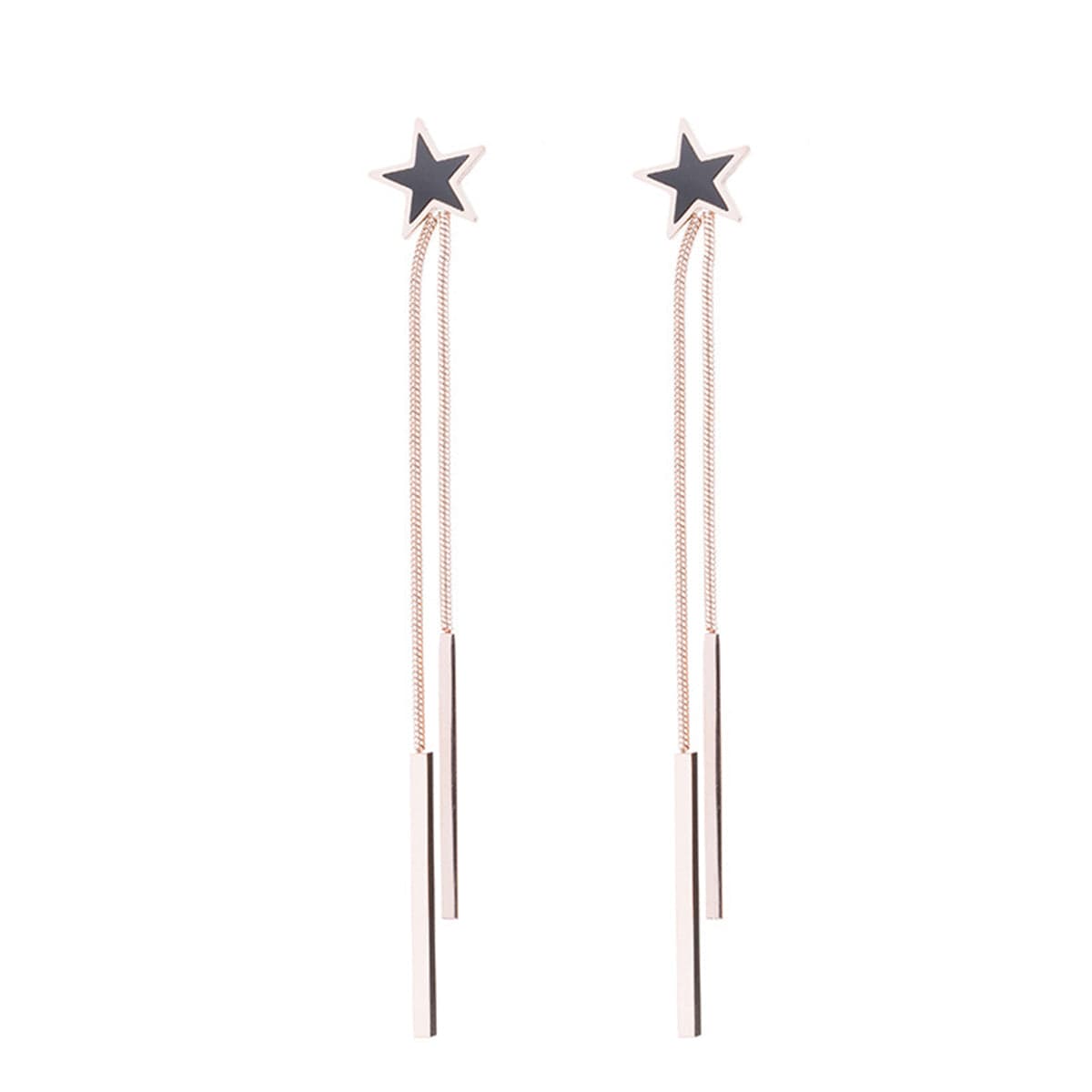 Black Acrylic & Rose Goldtone Star Bar Tassel Drop Earrings