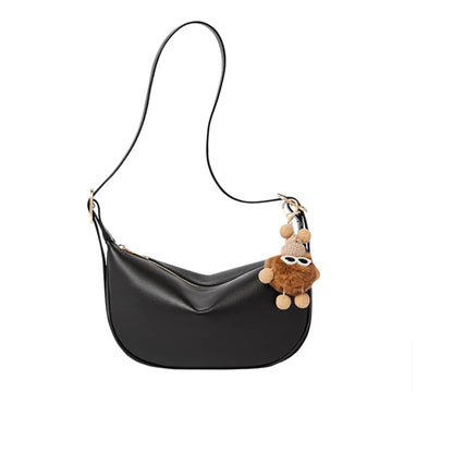 Crescent Leather Crossbody Shoulder Bag with Bear Charm