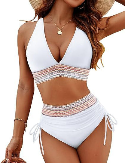 Fashion Womens High Waist Bikini Set Two Piece Swimsuit Solid Color