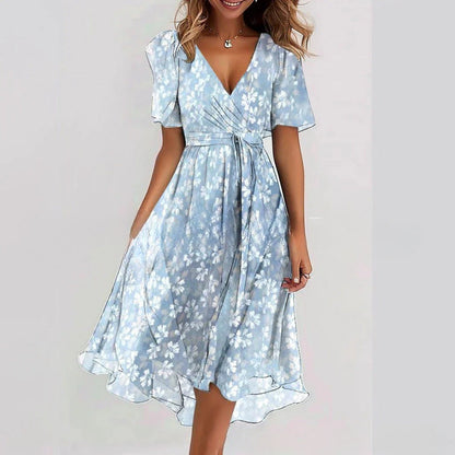 Floral Print A-Line Dress – V-Neck Short Sleeve Midi Dress