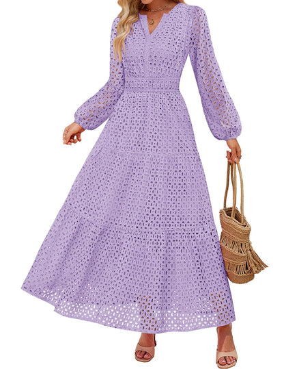 Women's 2026 V Neck Hollow Out Eyelet A Line Long Flowy Dresses