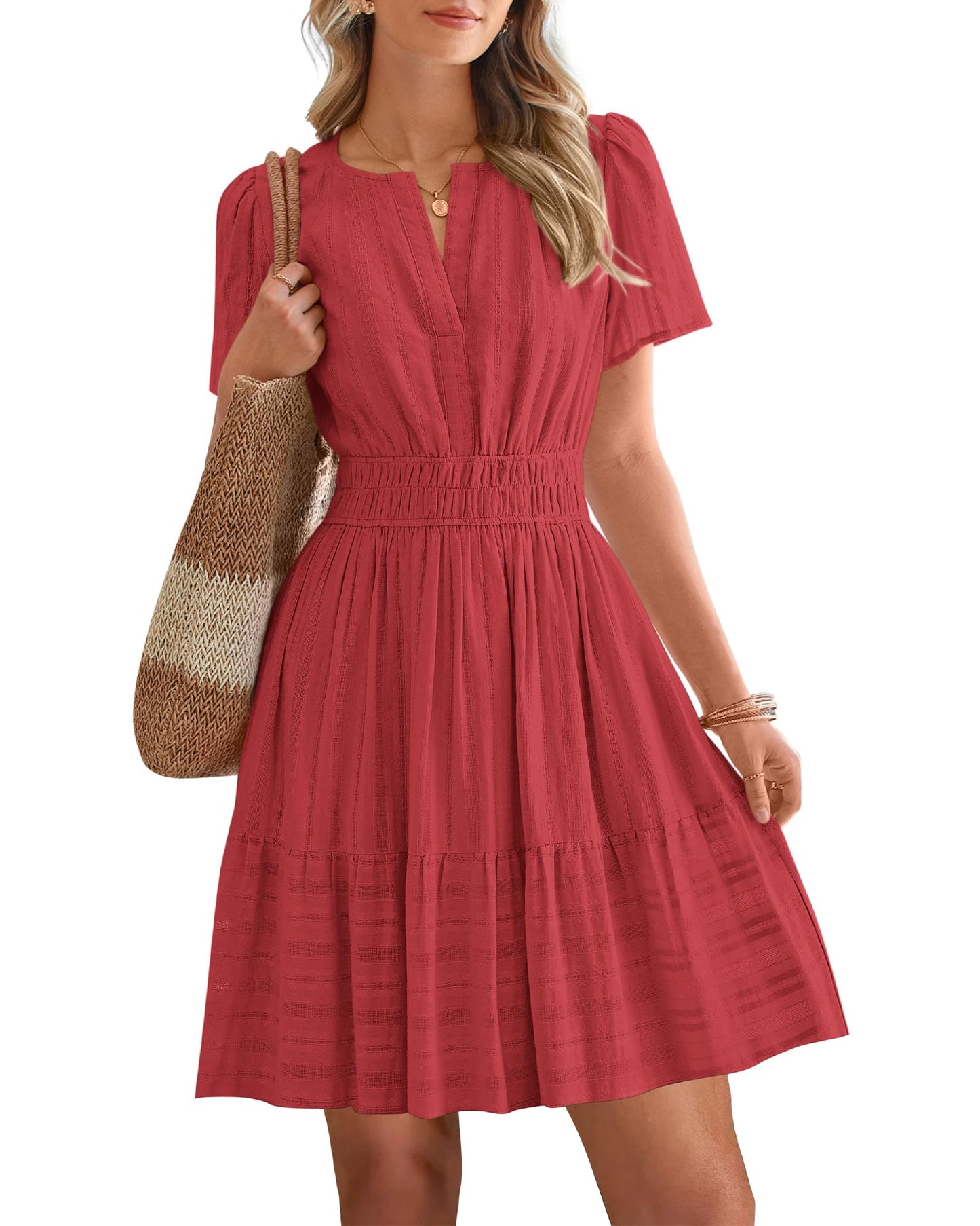 Women's V-Neck Elastic Waist Tiered Mini Dress