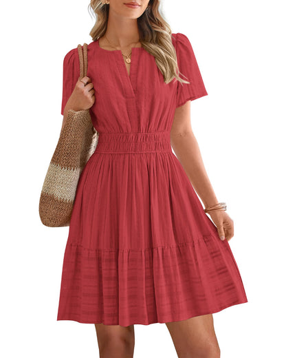 Women's V-Neck Elastic Waist Tiered Mini Dress