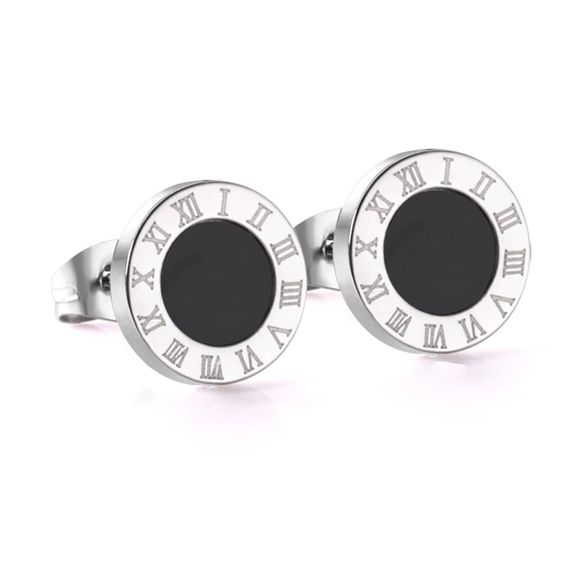 Black Acrylic & Silvertone Roman Numeral Stud Earrings