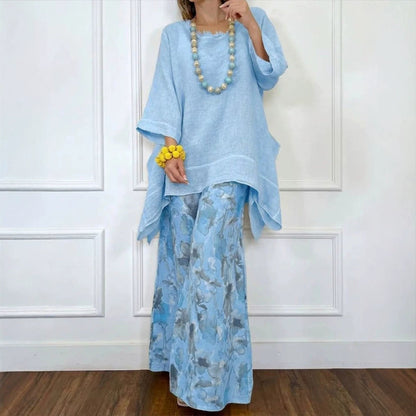 Cotton-Linen Irregular Hem Drop-Shoulder Top & Wide-Leg Pants Set | 3 Colors