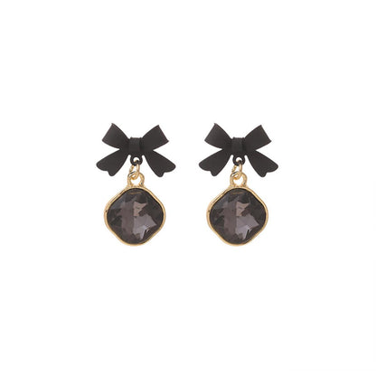 Black Crystal & Goldtone Bow Diamond Drop Earrings