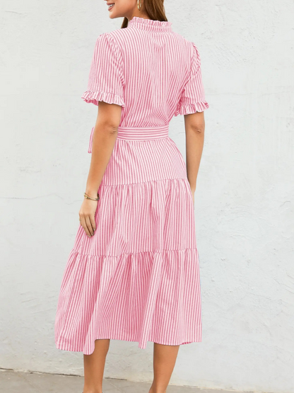 Women's Striped Ruffle Neck Tie-Waist Tiered Midi Dress