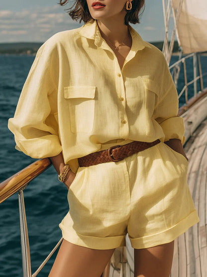 Cotton-Linen Loose-Fit Button-Down Shirt and Shorts Casual Set