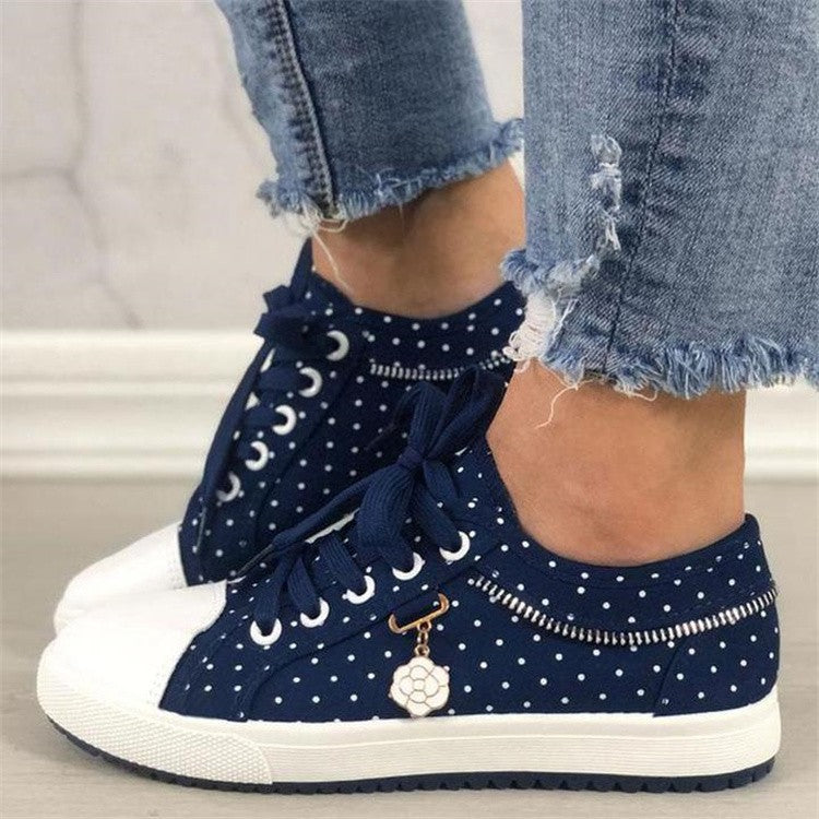 Floral Embroidered Polka Dot Print Sneakers — Women’s Casual Canvas Shoes