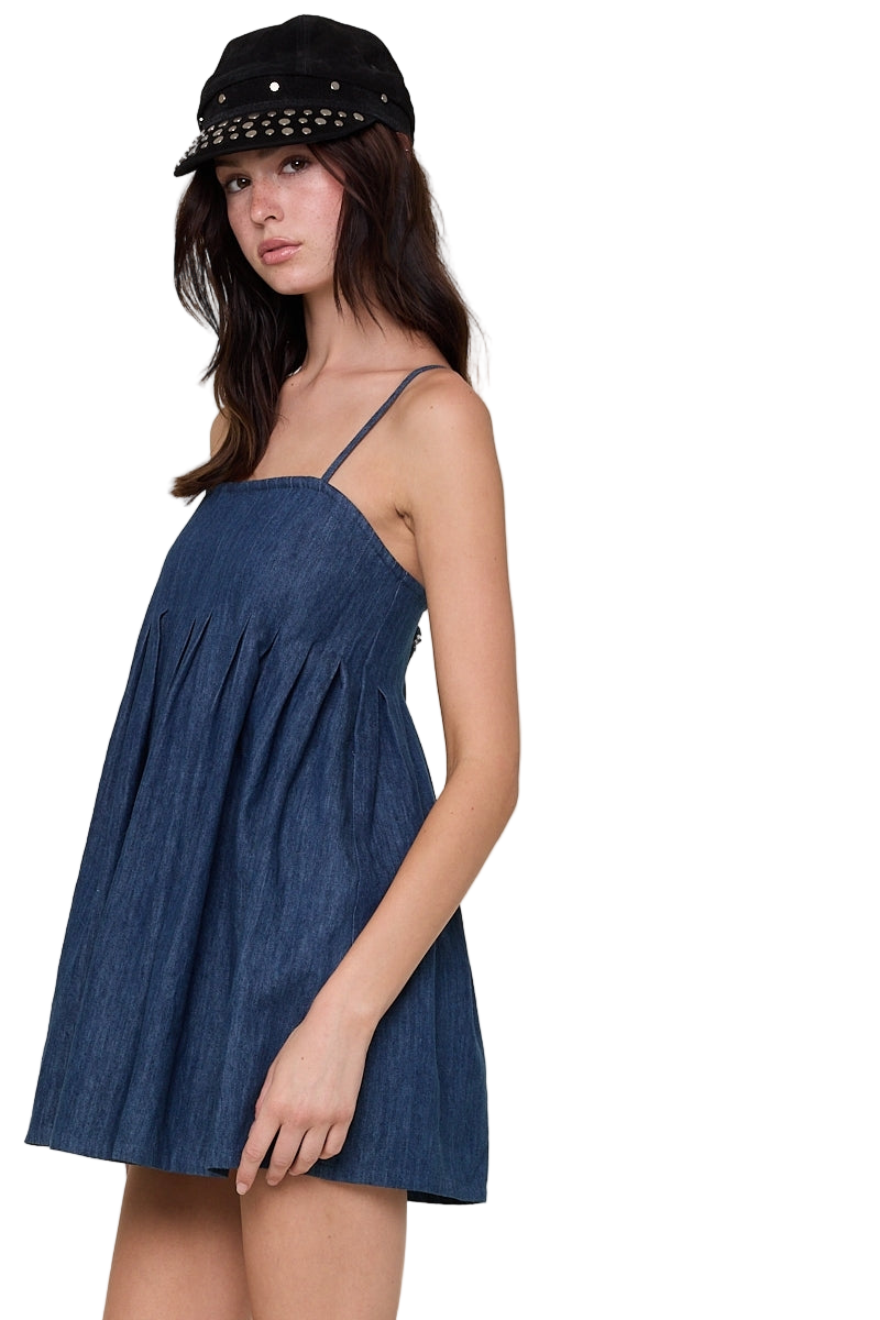 Sky To Moon Washed Square Neck Casual Swing Mini Dress - Denim - FINAL SALE