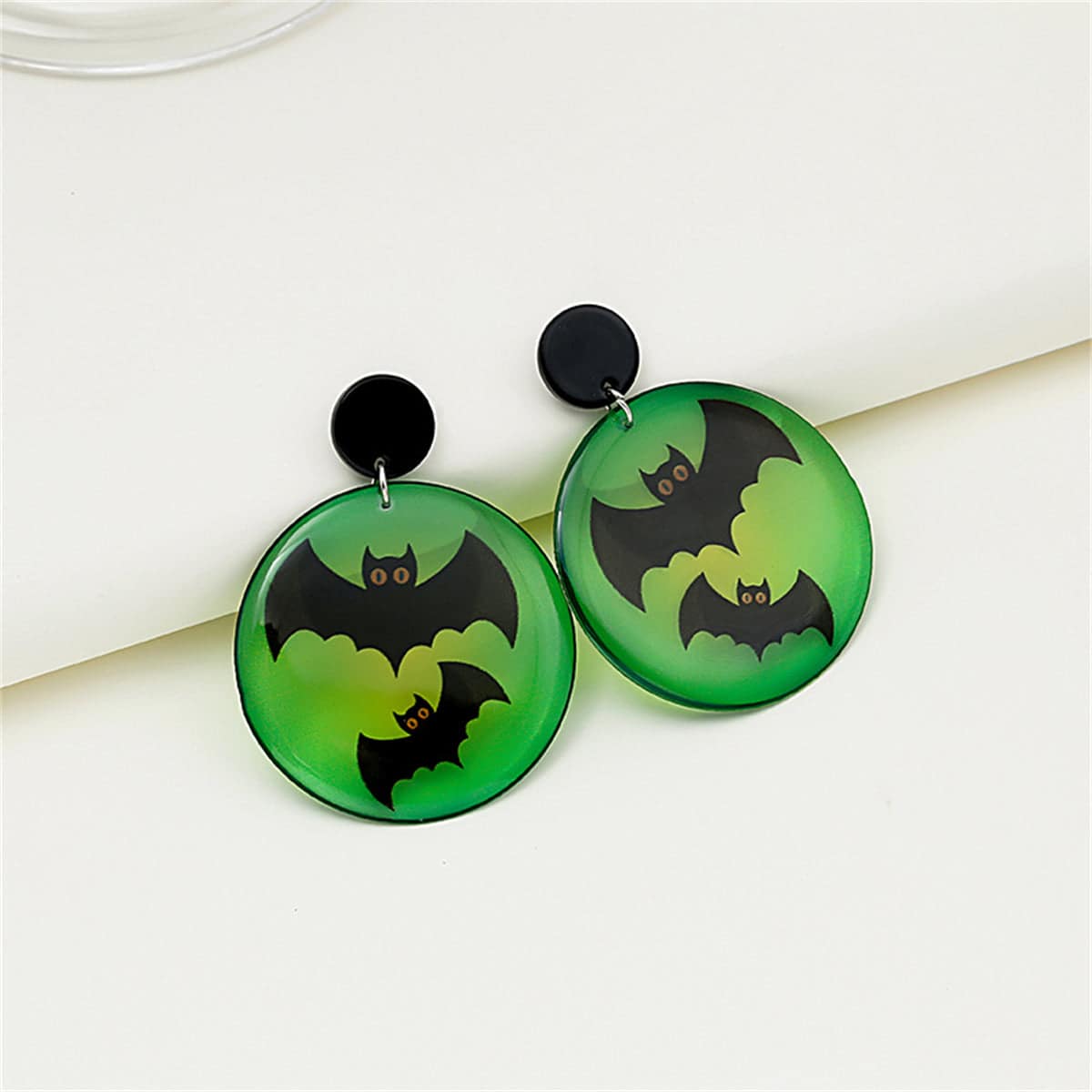 Black & Green Acrylic Silvertone Bat Drop Earrings