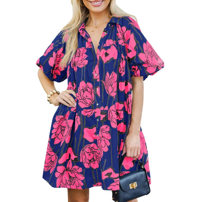 Women's Floral Print Puff Sleeve Button-Down Shirt Dress