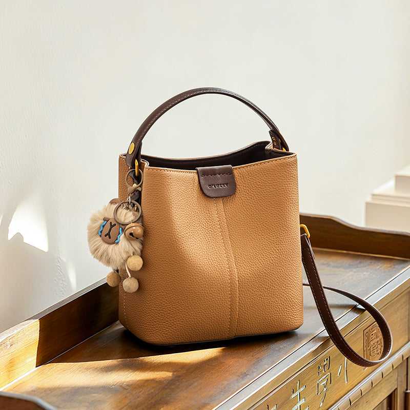 Colorblock Leather Bucket Shoulder Bag