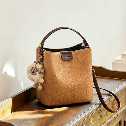 Colorblock Leather Bucket Shoulder Bag
