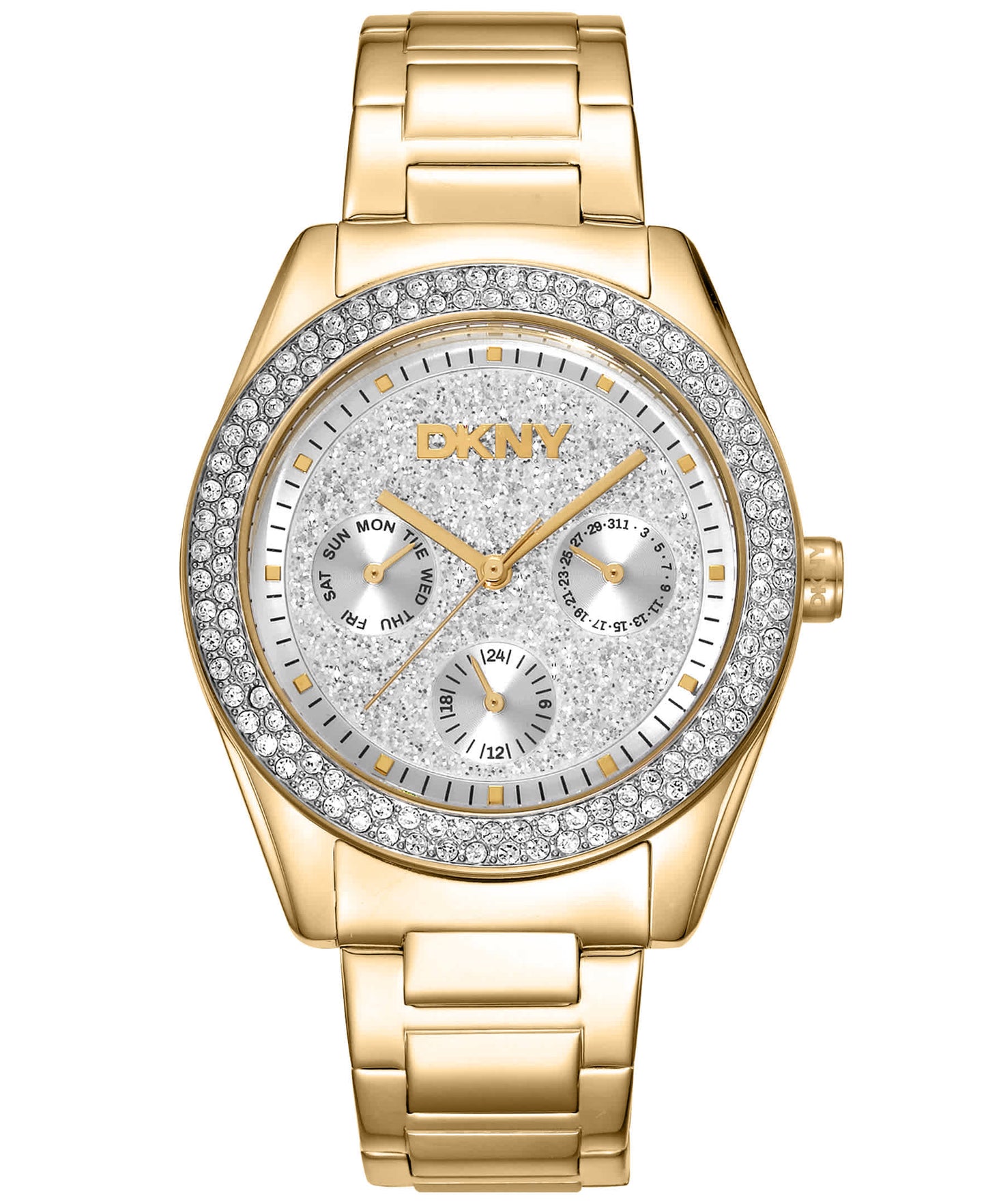 Dkny Women Watch, Gold Color Case, Silver Powder Dial, Gold Color Metal Bracelet, Multi-Function, 5 Atm
