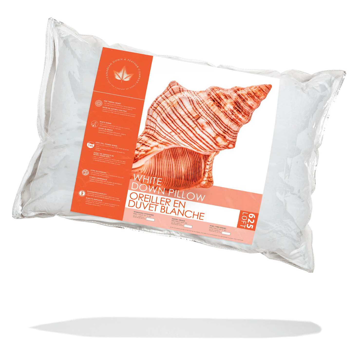 Canadian Down & Feather Company 625 Loft White Down Pillow, Soft Support