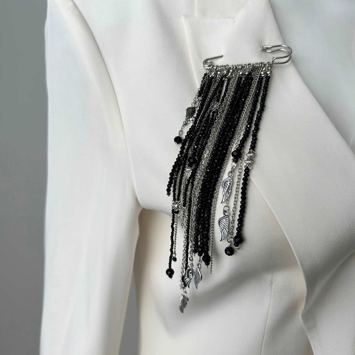 Black Crystal & Acrylic Silvertone Wing Tassel Pin Brooch
