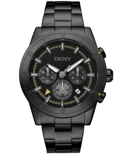 Dkny Men Watch, Black Color Case, Black Dial, Black Color Metal Bracelet, Chronograph, 10 Atm