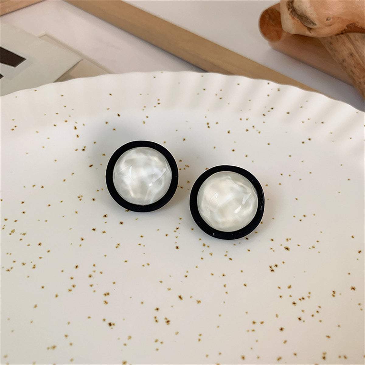 Black Acrylic & Resin Silvertone Round Stud Earring