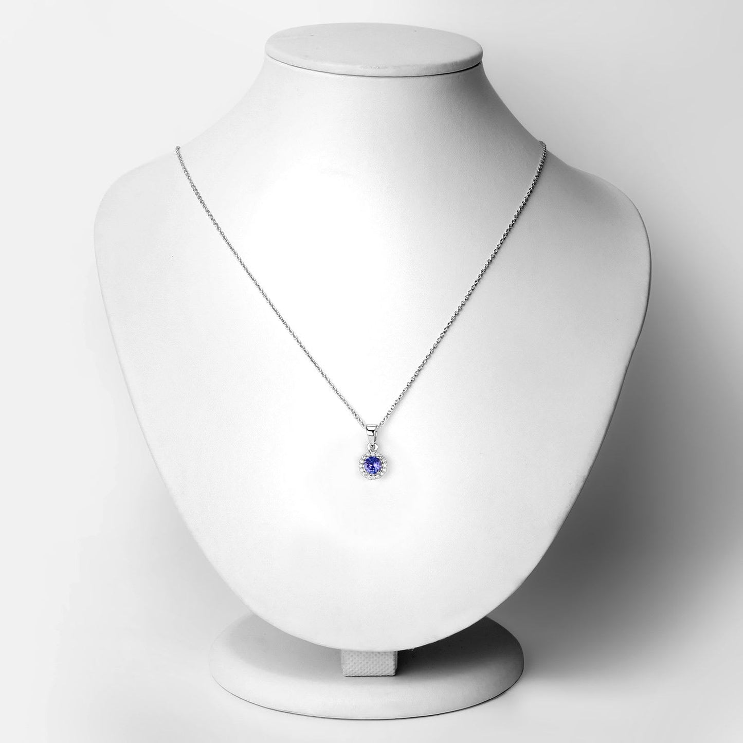 Genuine Tanzanite and Lab Diamond Silver Round Halo Necklace