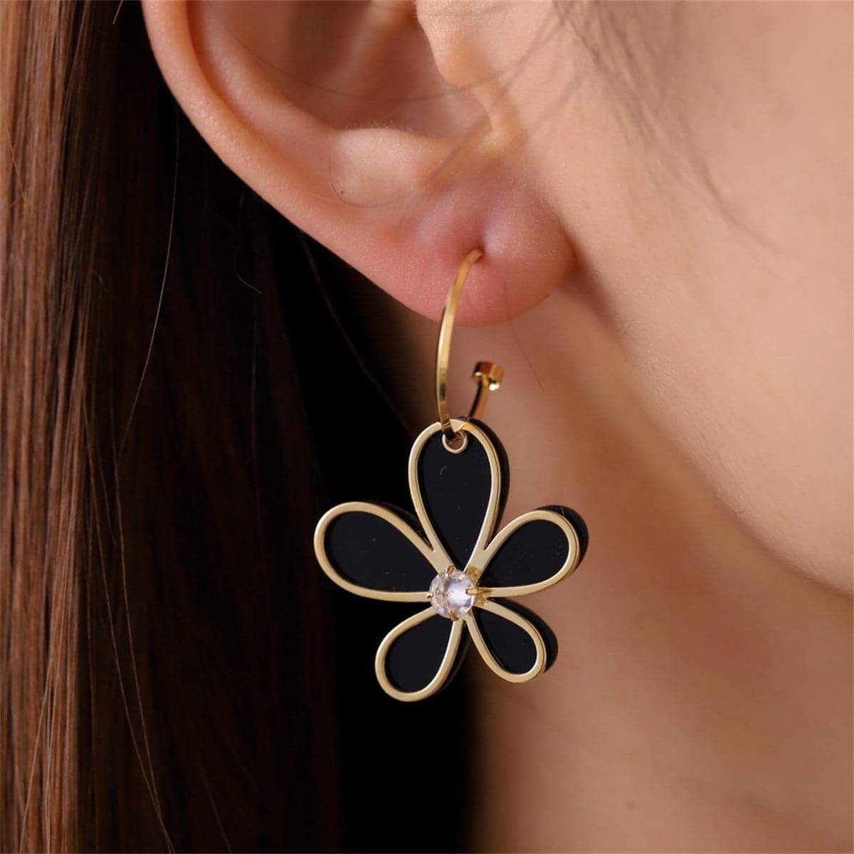 Black Acrylic & Cubic Zirconia Goldtone Floral Drop Earrings