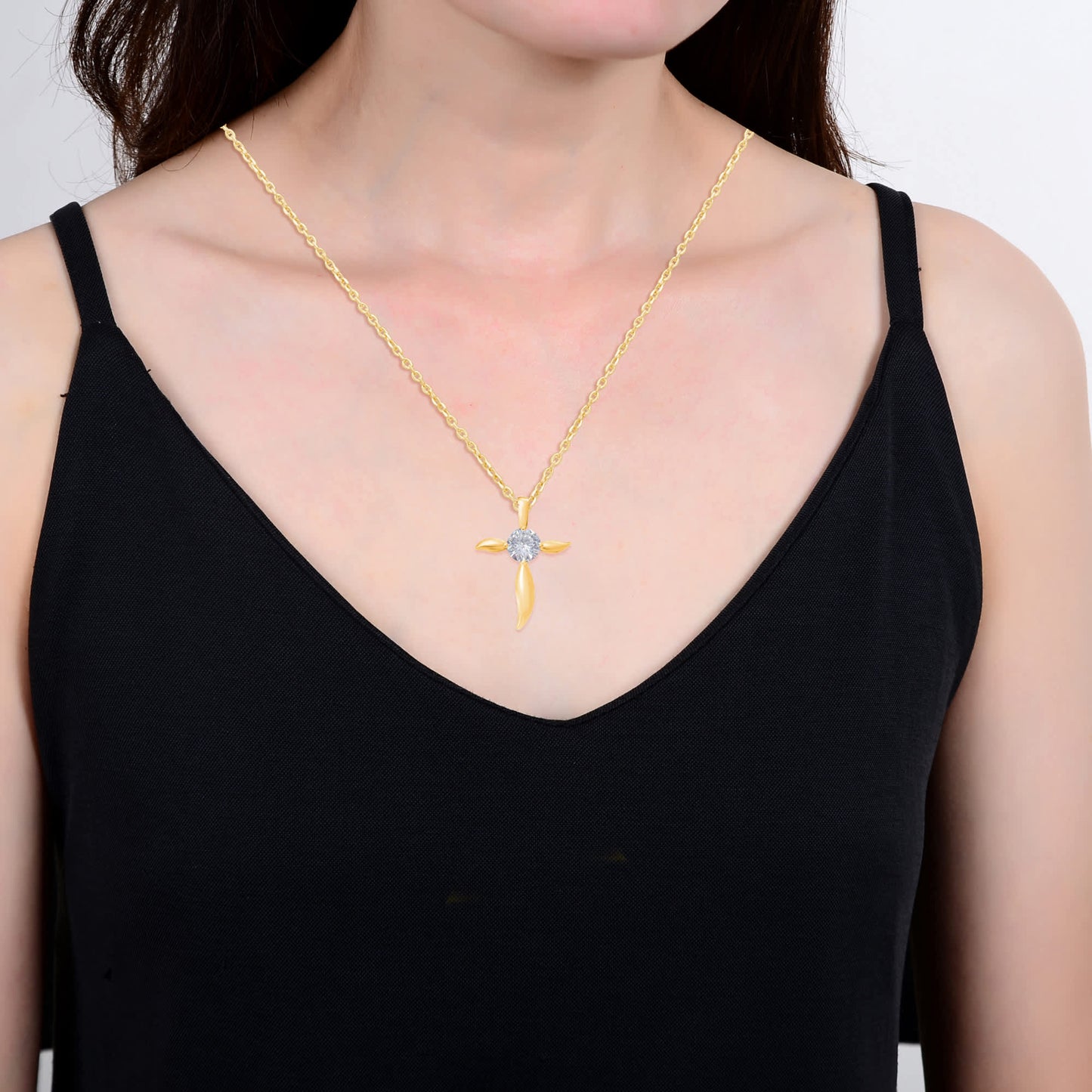 18K Gold Plated Sterling Silver Moissanite Solitaire Cross Pendant with 18" Chain