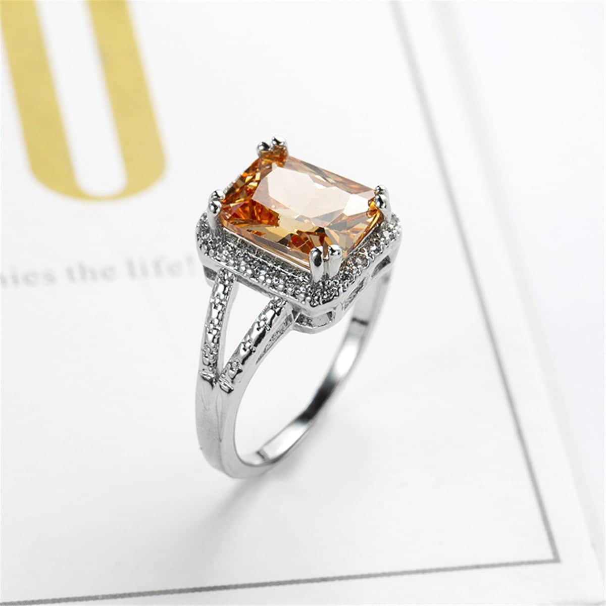 Champagne Crystal & Silvertone Radiant-Cut Ring