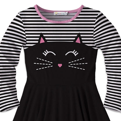 Black & Pink Cat Face & Stripe Print Handkerchief Dress
