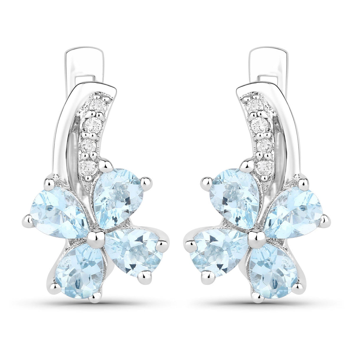 Genuine Blue Aquamarine Lab Diamond Silver Floral Earrings