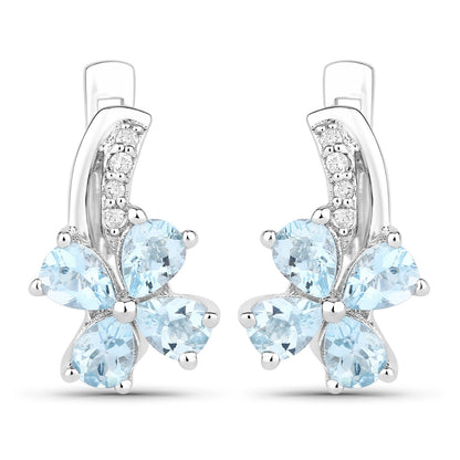 Genuine Blue Aquamarine Lab Diamond Silver Floral Earrings