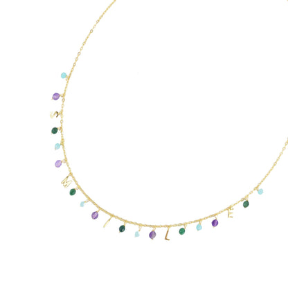 Gold Over Sterling Silver Natural Amazonite, Jade and Amethyst Smile Necklace with 18"