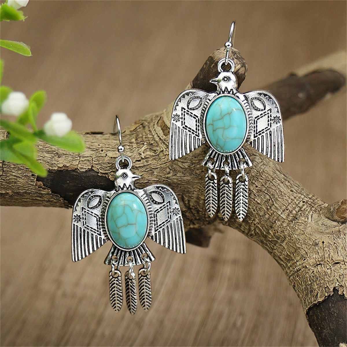 Blue Turquoise & Silvertone Swallow Drop Earrings
